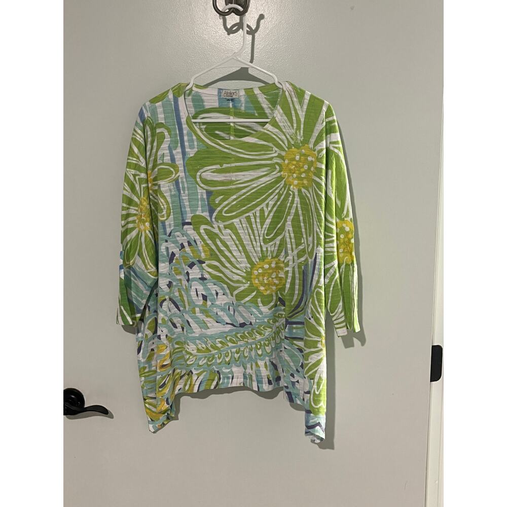 Floral Tunic Top One Size Green Blue Asymmetrical Boho Artsy Lightweight